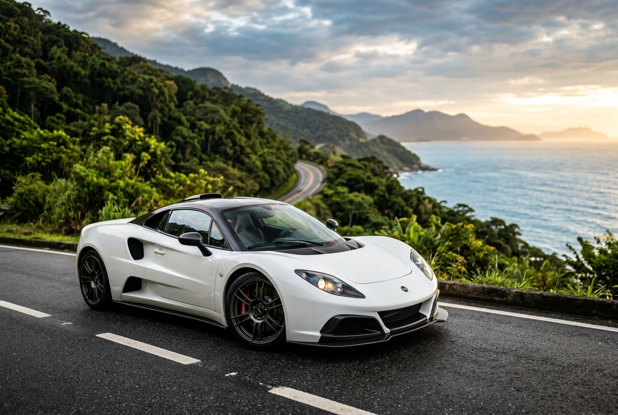White sports car with black roof on a winding coastal road at sunset, surrounded by lush green mountains and blue ocean.