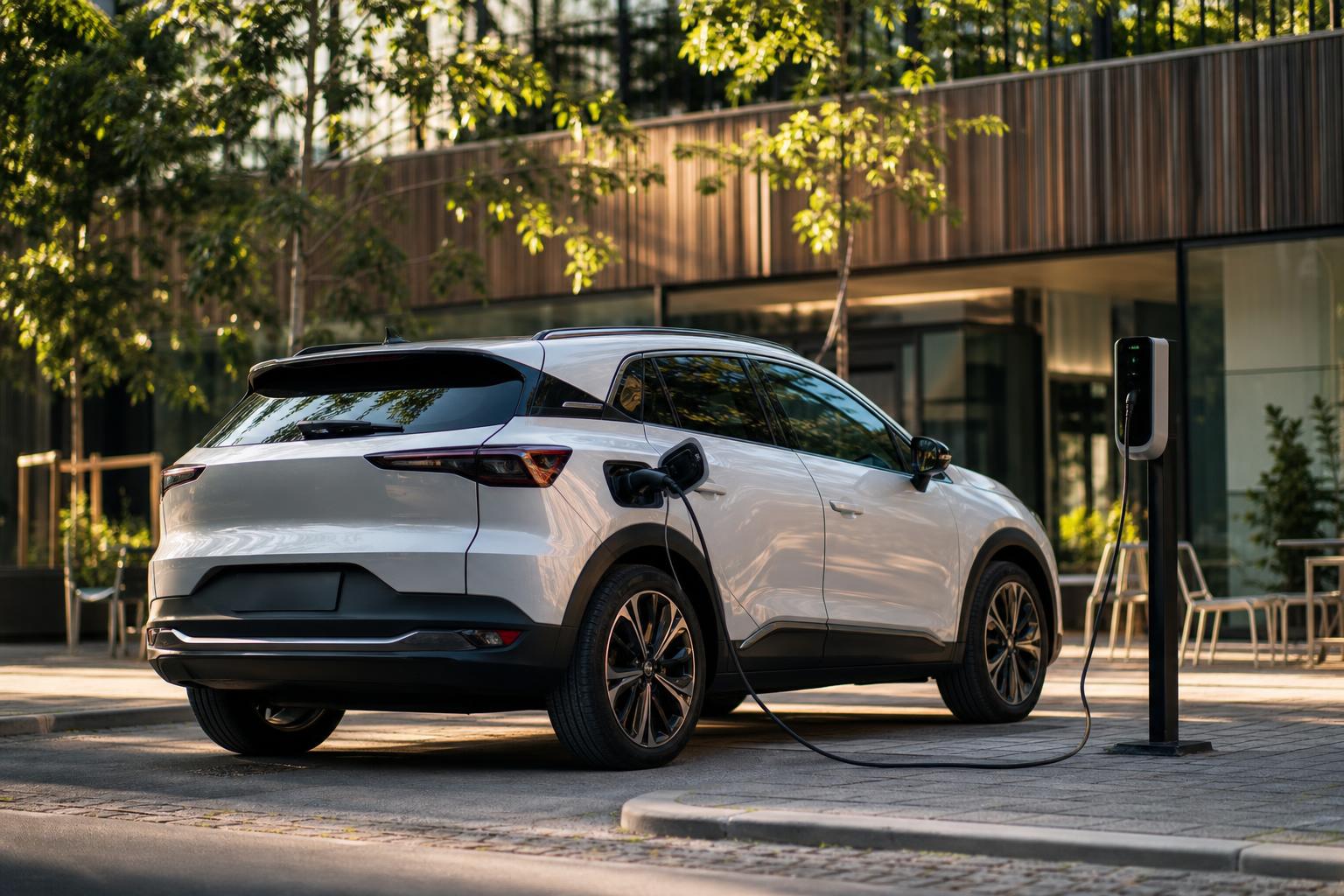 Carros Híbridos em 2026: Ainda Vale a Pena Comprar? White modern electric SUV charging at a sidewalk station in front of a contemporary building with green trees in warm sunlight.