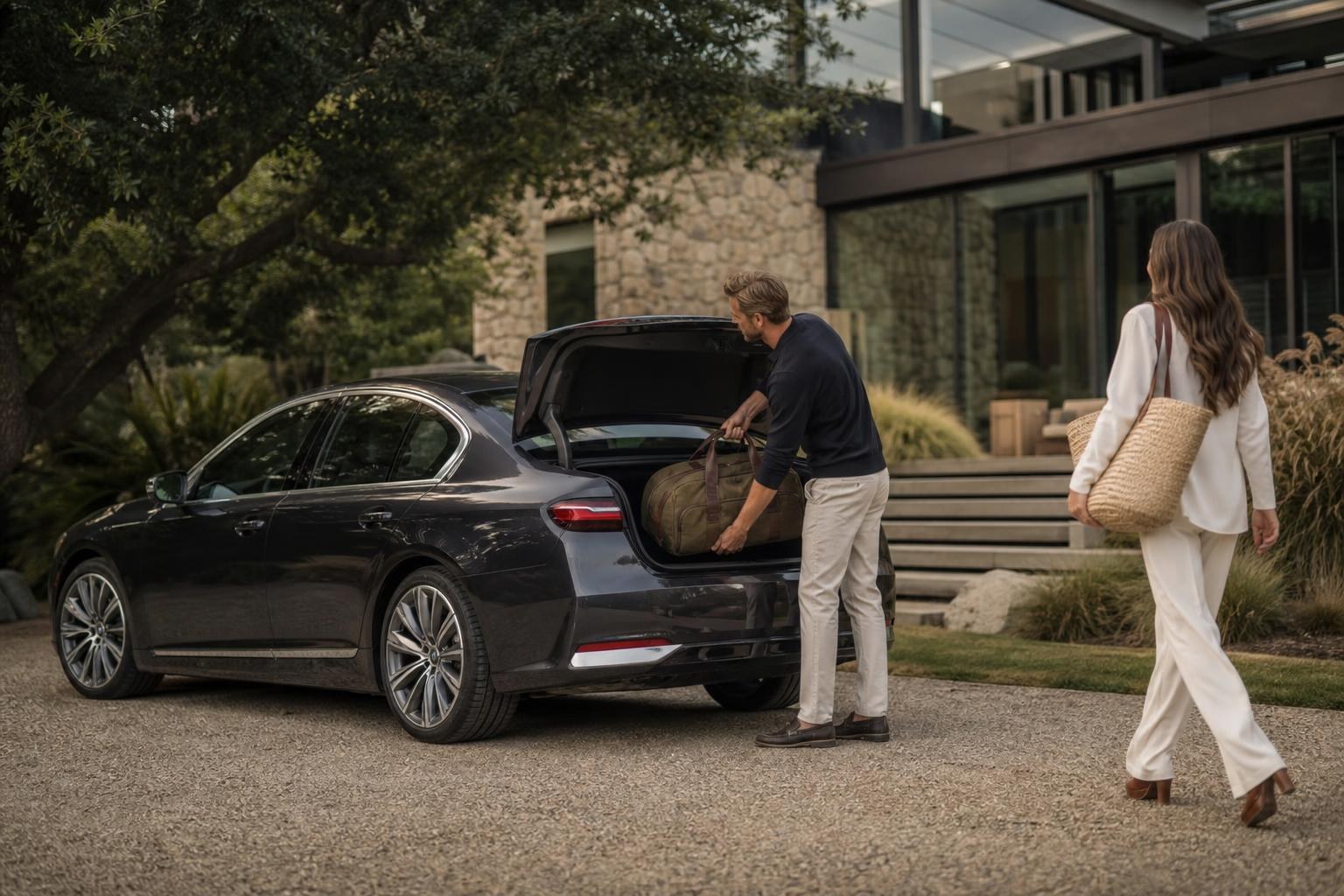 Luxo de verdade em 2026: muito além do preço e da marca Man loading a leather duffel bag into the trunk of a dark luxury sedan parked outside a modern stone and glass villa.