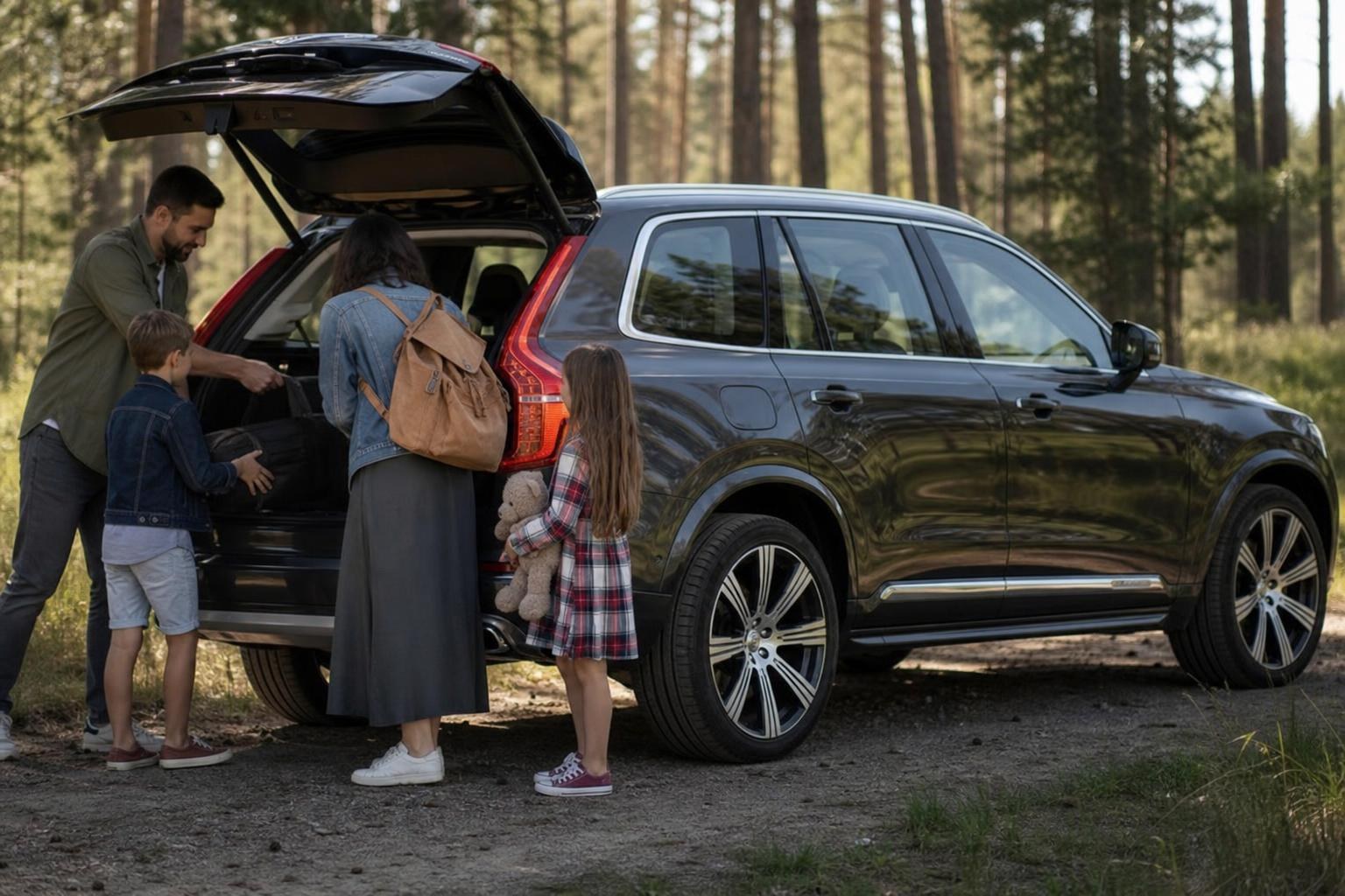 7 Carros de Luxo para Viajar em Familia Family of four loading luggage into the trunk of a black luxury SUV parked on a dirt path in a sunny pine forest.