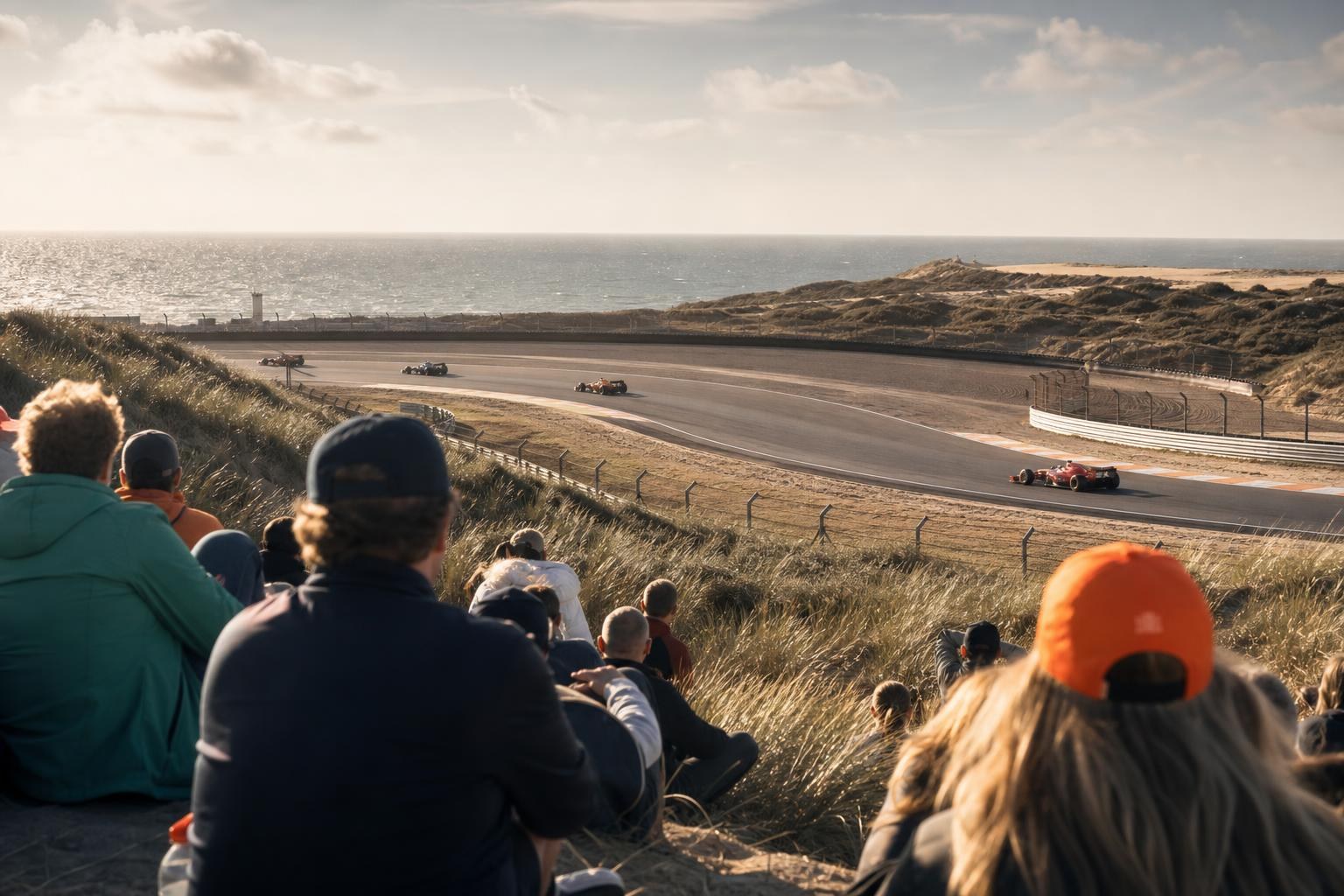 GP da Holanda 2026: o fim de uma era em Zandvoort Spectators sit on grassy dunes watching Formula 1 cars race around the Zandvoort circuit with the North Sea and a bright sky in the background.