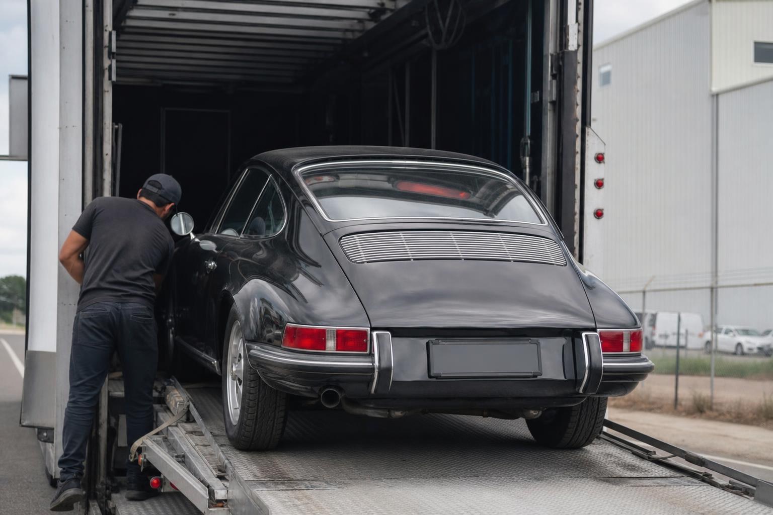 Car hunting internacional: como importar um esportivo clássico Classic black Porsche 911 being loaded onto a transport truck by a worker at a shipping facility.
