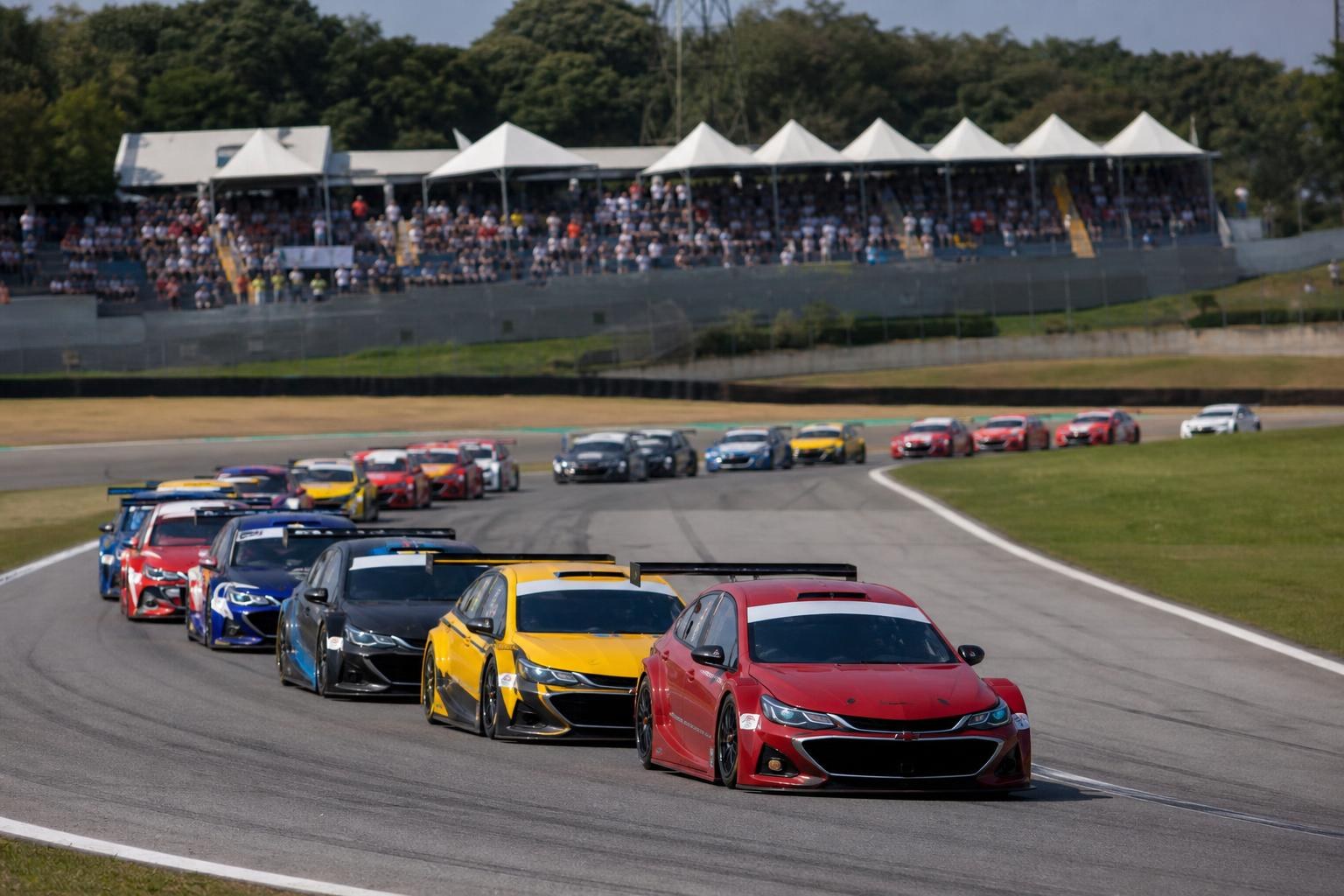 Corrida do Milhão 2026: o que a Stock Car diz sobre o Brasil automotivo Colorful Stock Car racing vehicles speed around a paved track curve in front of a crowded grandstand with white pointed tents.
