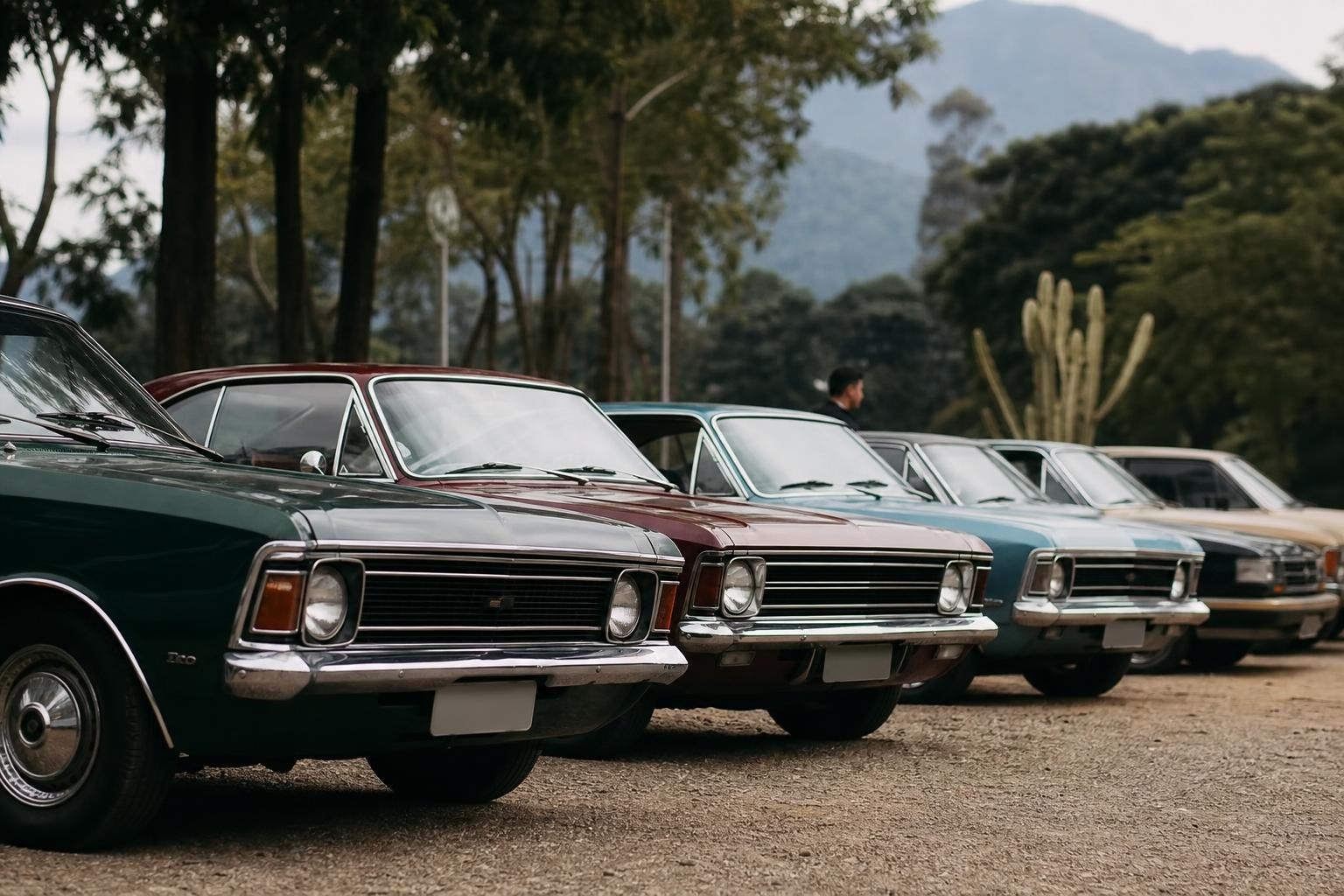 História do Opala: 1968 a 1992, do SS ao Diplomata Row of vintage Chevrolet Opala cars in various colors parked outdoors against a backdrop of trees and mountains.