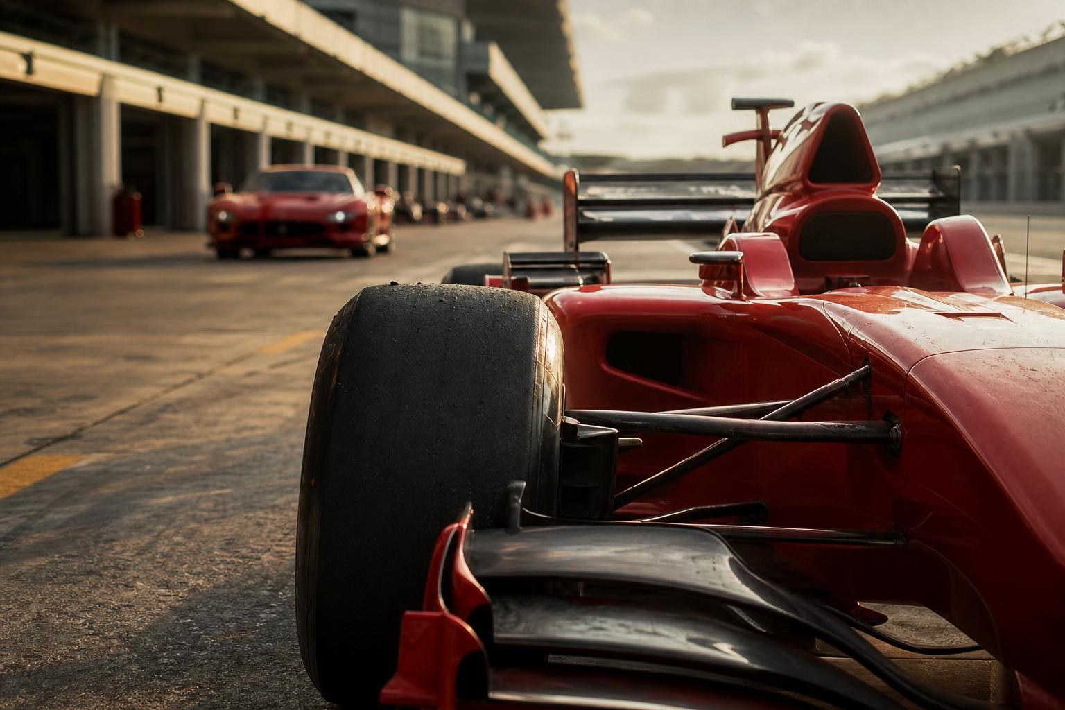 Close-up of a red Formula 1 car in a pit lane with a red sports car blurred in the background under warm sunlight.
