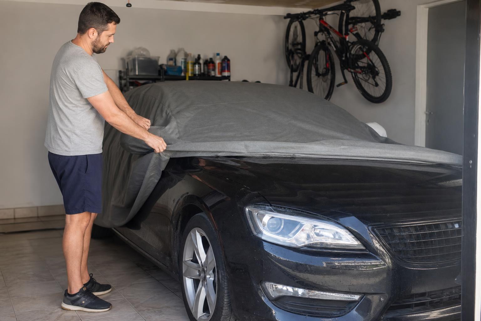 Como cuidar do carro parado na garagem? Man in a grey t-shirt and blue shorts covering a black sedan with a grey protective fabric cover inside a residential garage.