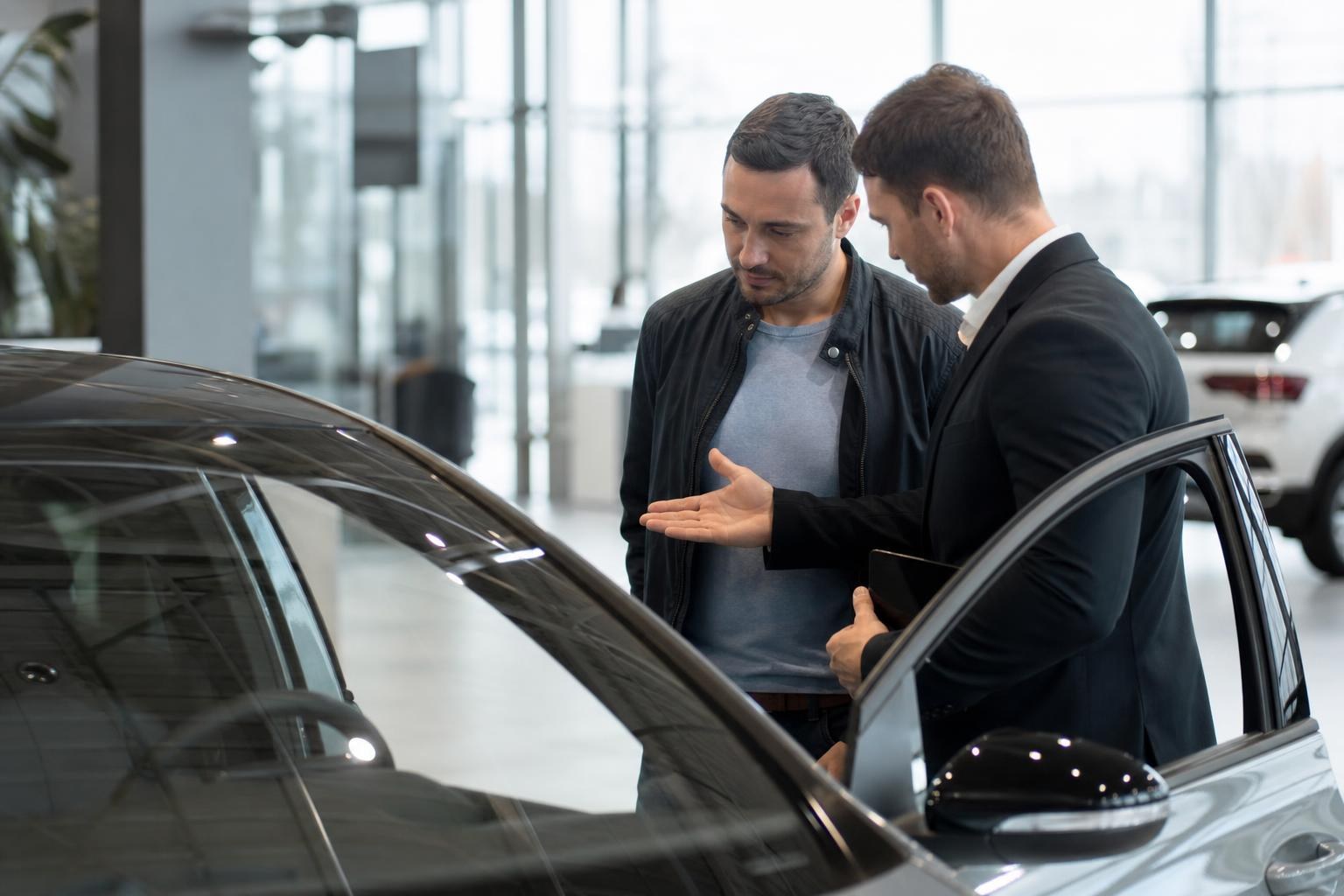 Consultorias Automotivas Personalizadas Professional consultant in a suit showing a luxury car's interior to a client in a bright, modern automotive showroom.